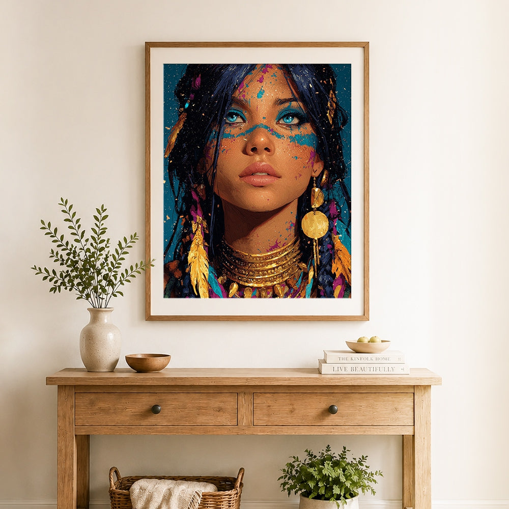 Finished tribal blue eyed woman portrait with gold jewelry cross stitch artwork displayed as home decor