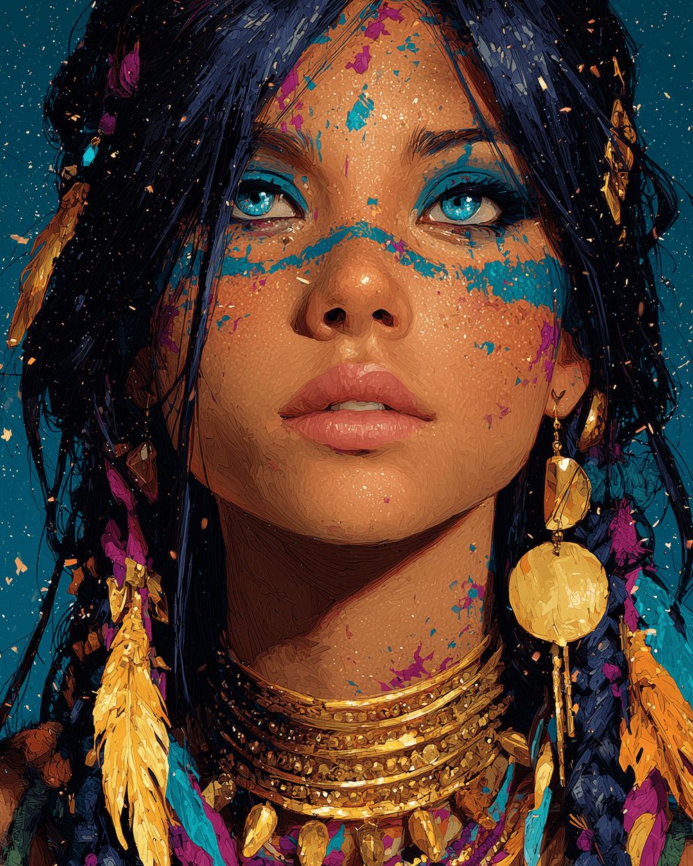 Tribal blue eyed woman portrait with gold jewelry cross stitch kit for beginners