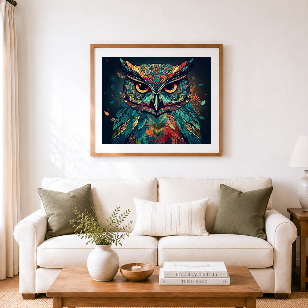 Finished tribal pattern owl cross stitch artwork displayed as home decor