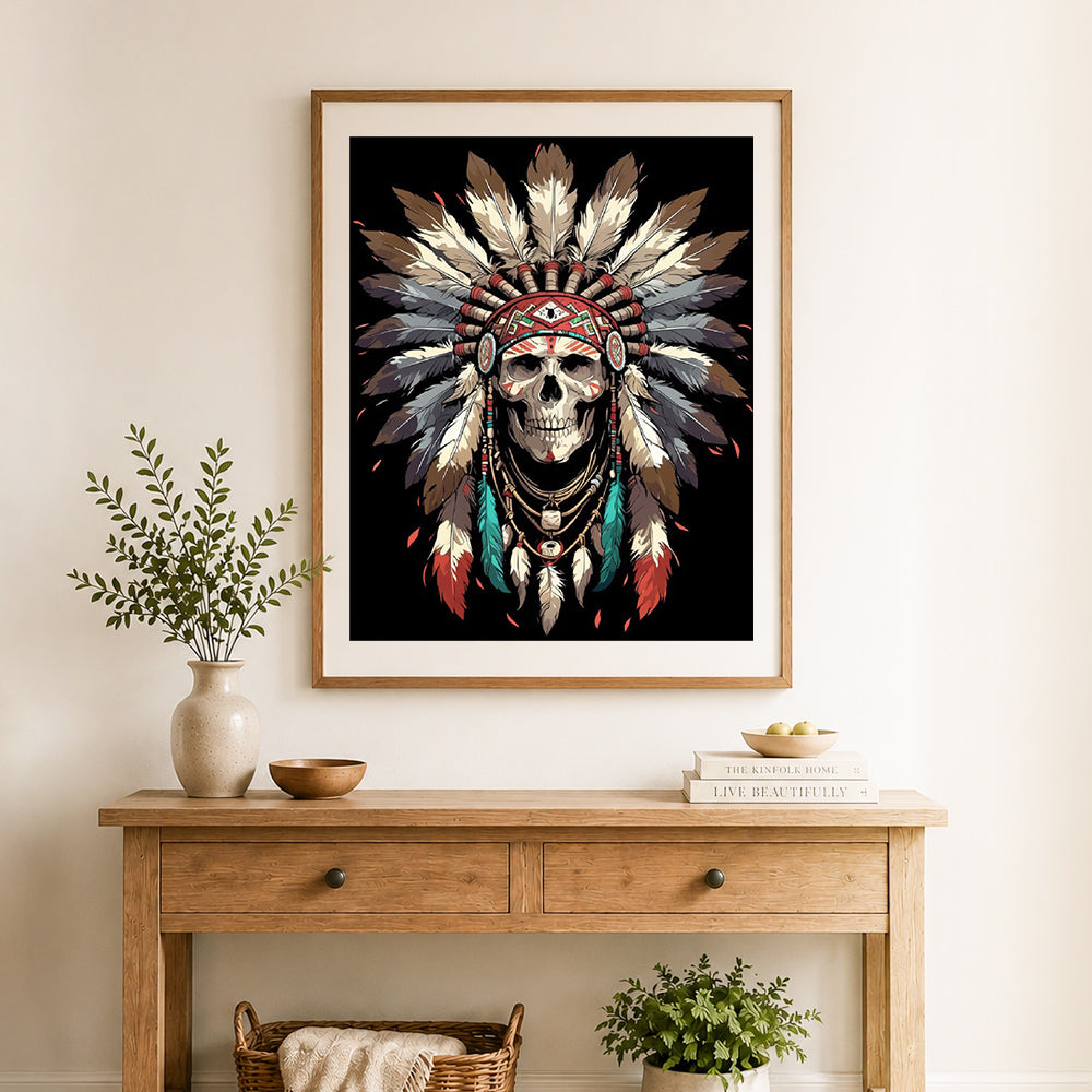 Finished tribal skull headdress cross stitch artwork displayed as home decor