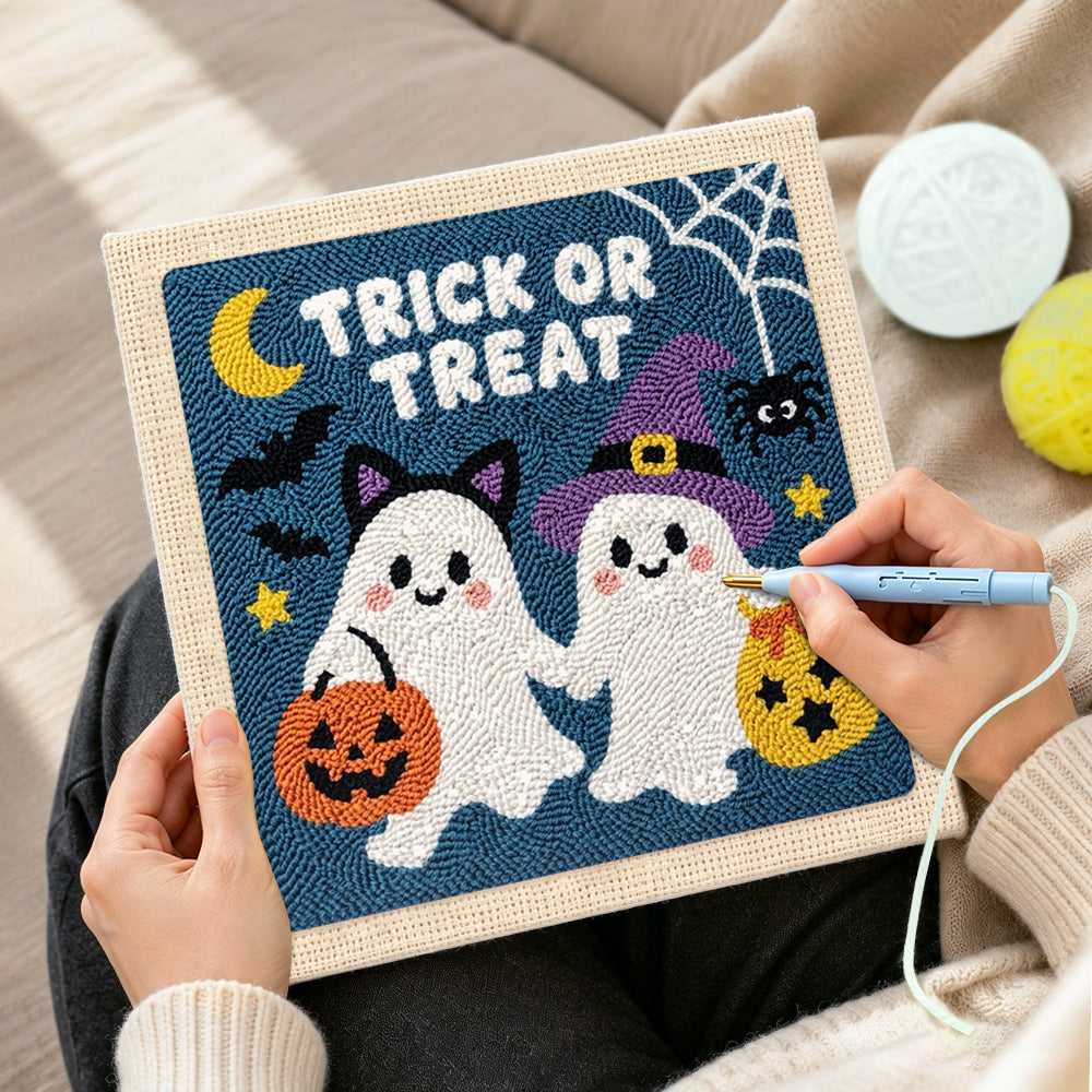 Creating handmade trick or treat ghost friends punch needle artwork