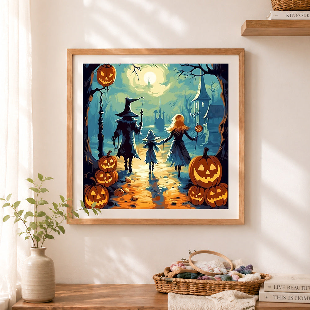 Finished trick or treat night cross stitch artwork displayed as home decor