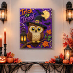 Finished trick or treat owl pearl diamond painting artwork displayed as holiday home decor