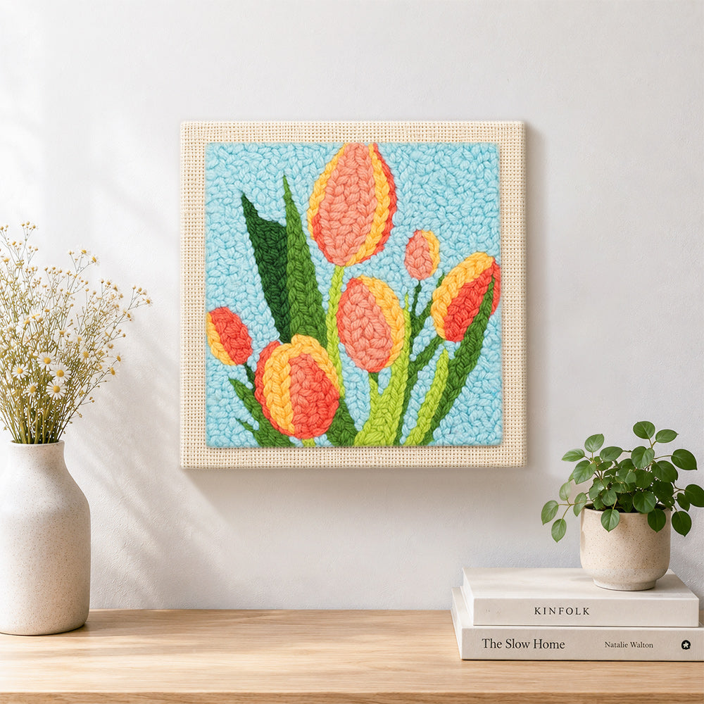 Finished tricolor tulips artwork displayed on a wall