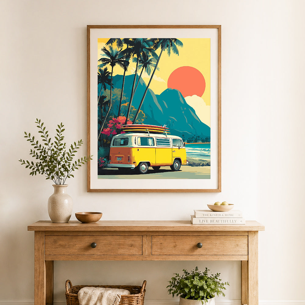 Finished tropical beach road trip cross stitch artwork displayed as home decor