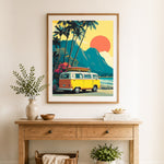 Finished tropical beach road trip cross stitch artwork displayed as home decor