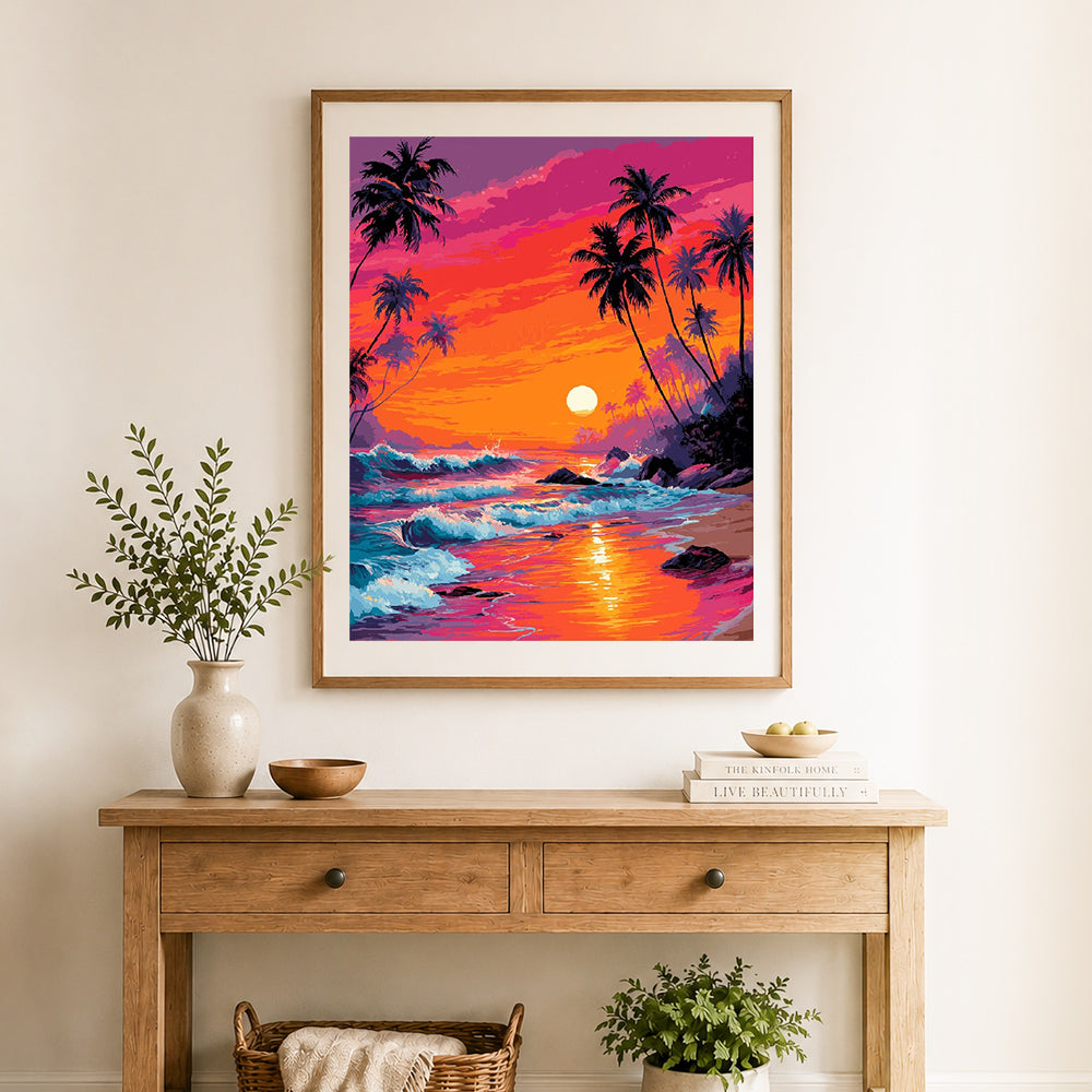 Finished tropical beach sunset cross stitch artwork displayed as home decor