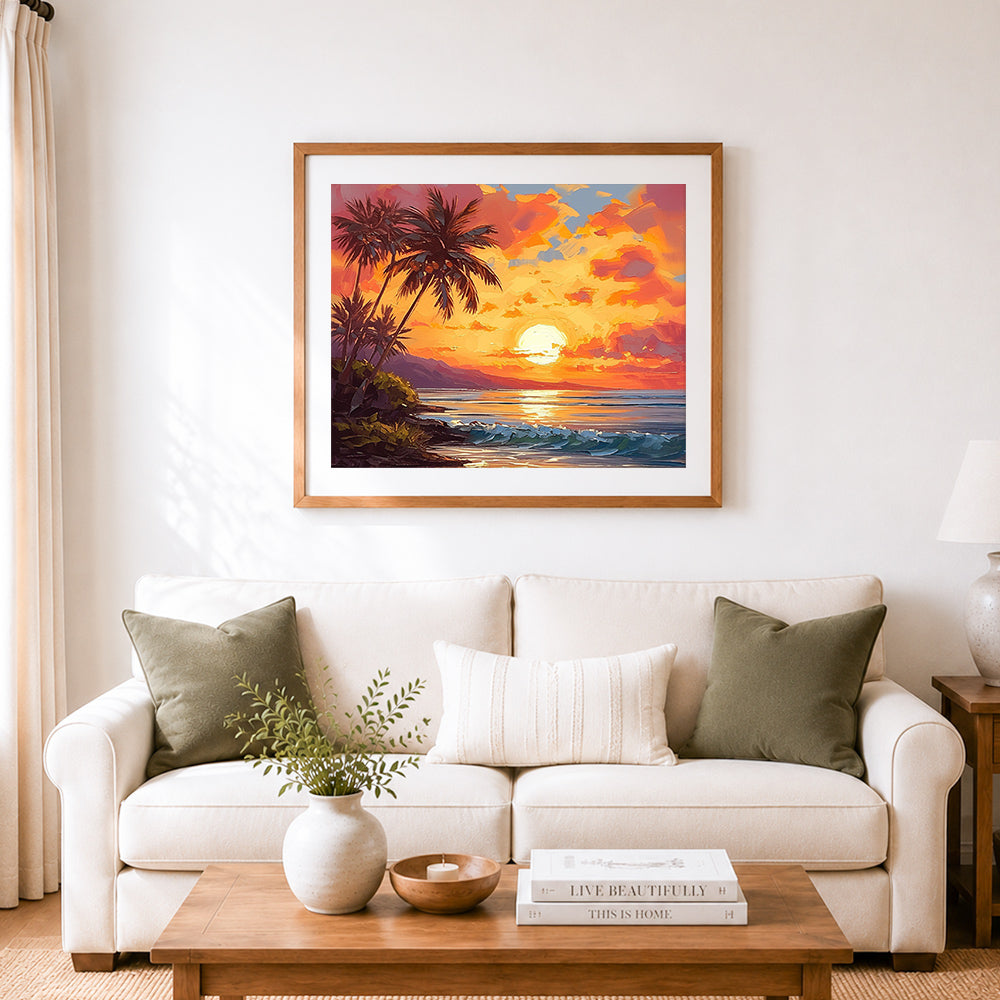 Finished tropical beach sunset oil painting cross stitch artwork displayed as home decor