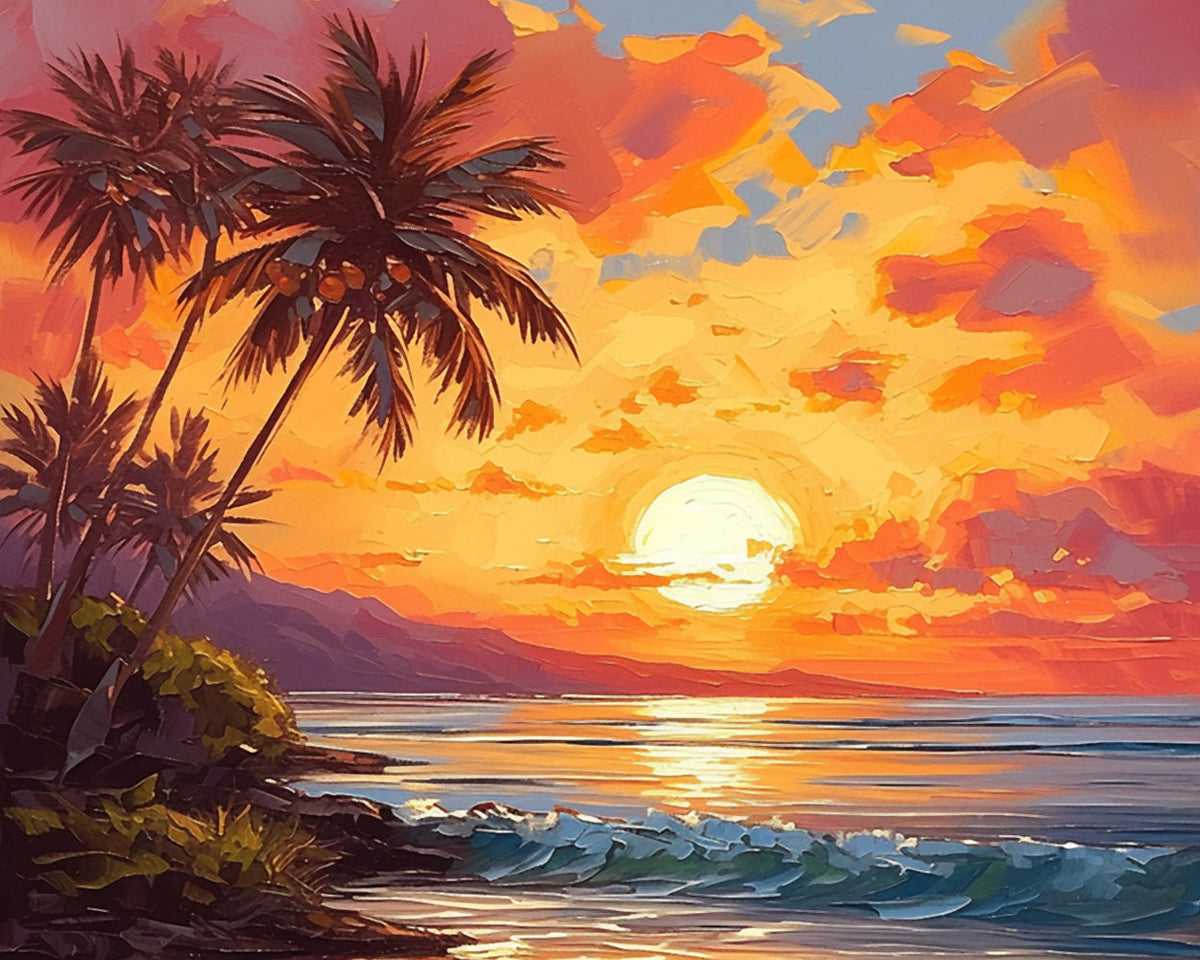 Tropical beach sunset oil painting cross stitch kit for beginners