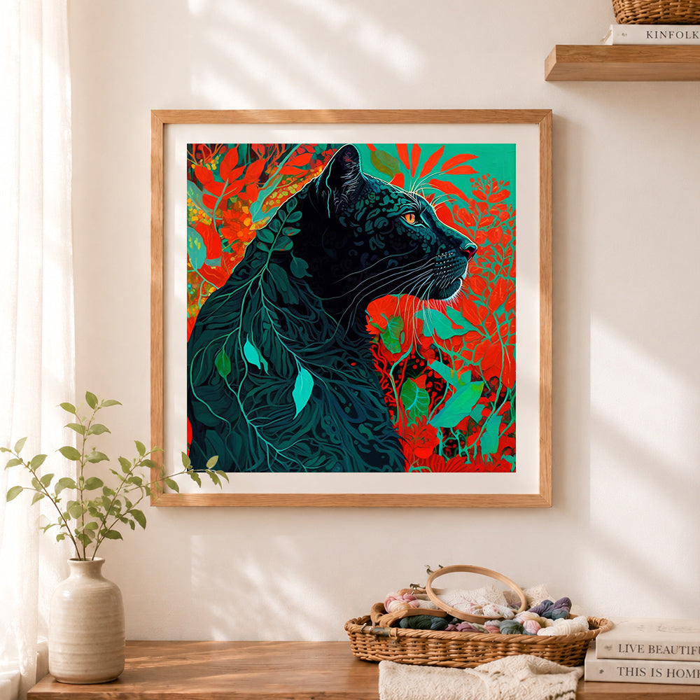 Finished tropical black panther cross stitch artwork displayed as home decor