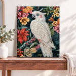 Finished tropical cockatoo glow pearl diamond painting artwork displayed as home decor