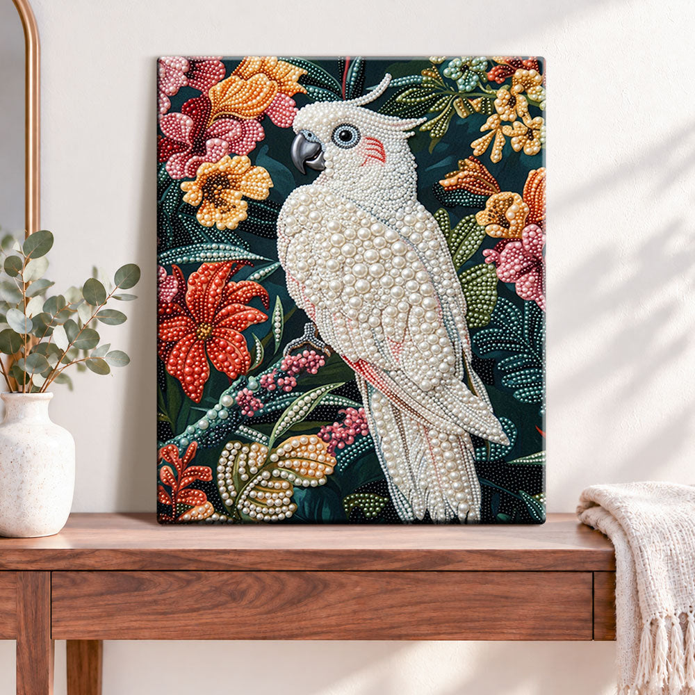 Finished tropical cockatoo glow pearl diamond painting artwork displayed as home decor