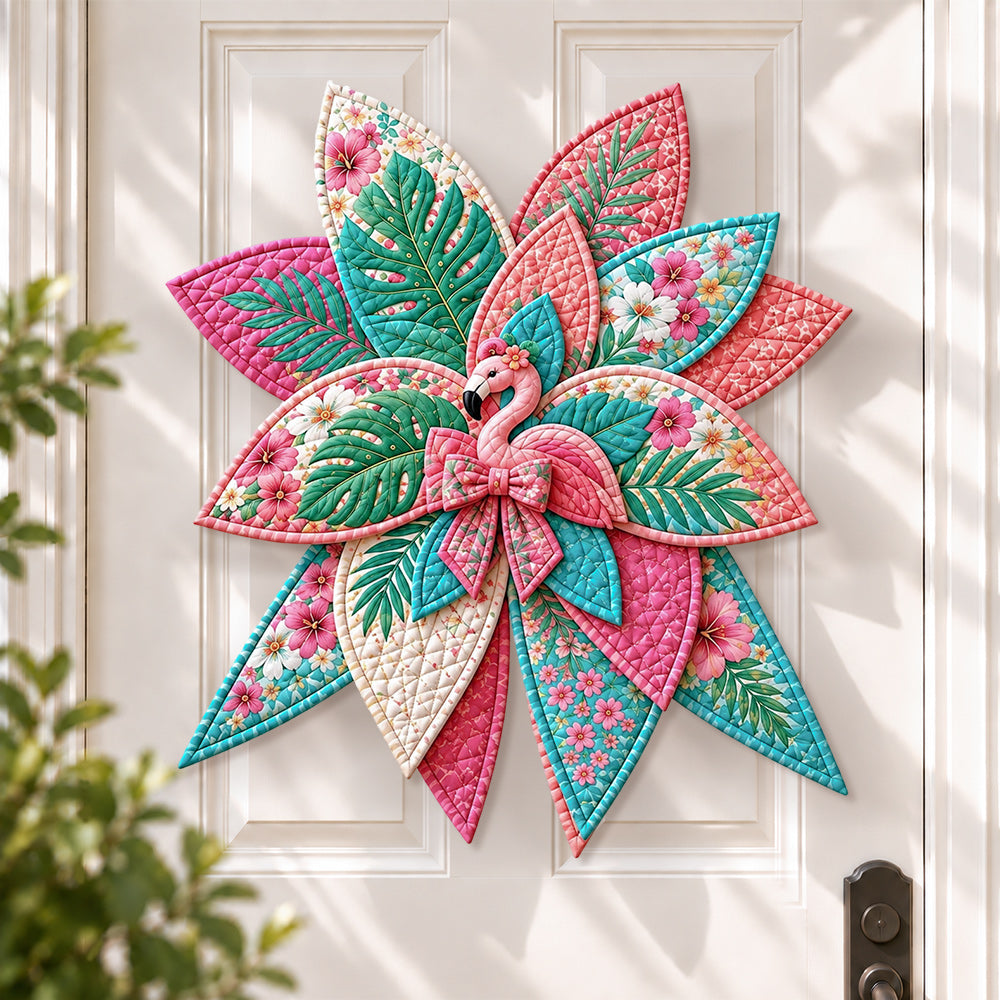 Tropical flamingo DIY quilted bow sewing kit finished as a handmade door decoration