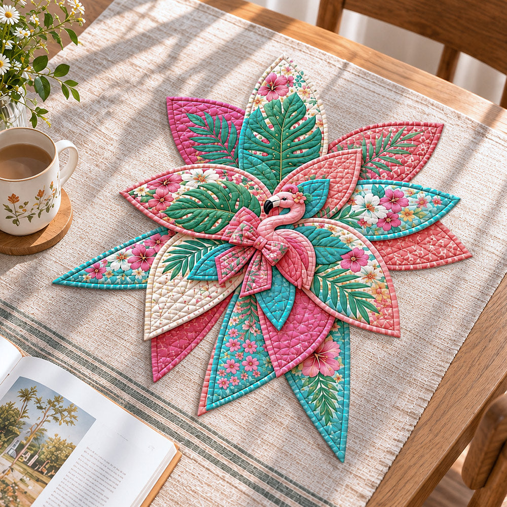Tropical flamingo handmade quilted bow displayed on a table as seasonal home decor
