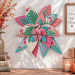 Tropical flamingo quilted bow displayed as handmade wall decor in a cozy home