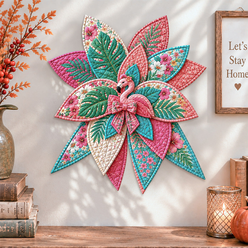 Tropical flamingo quilted bow displayed as handmade wall decor in a cozy home
