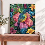 Finished tropical hummingbird glow pearl diamond painting artwork displayed as home decor