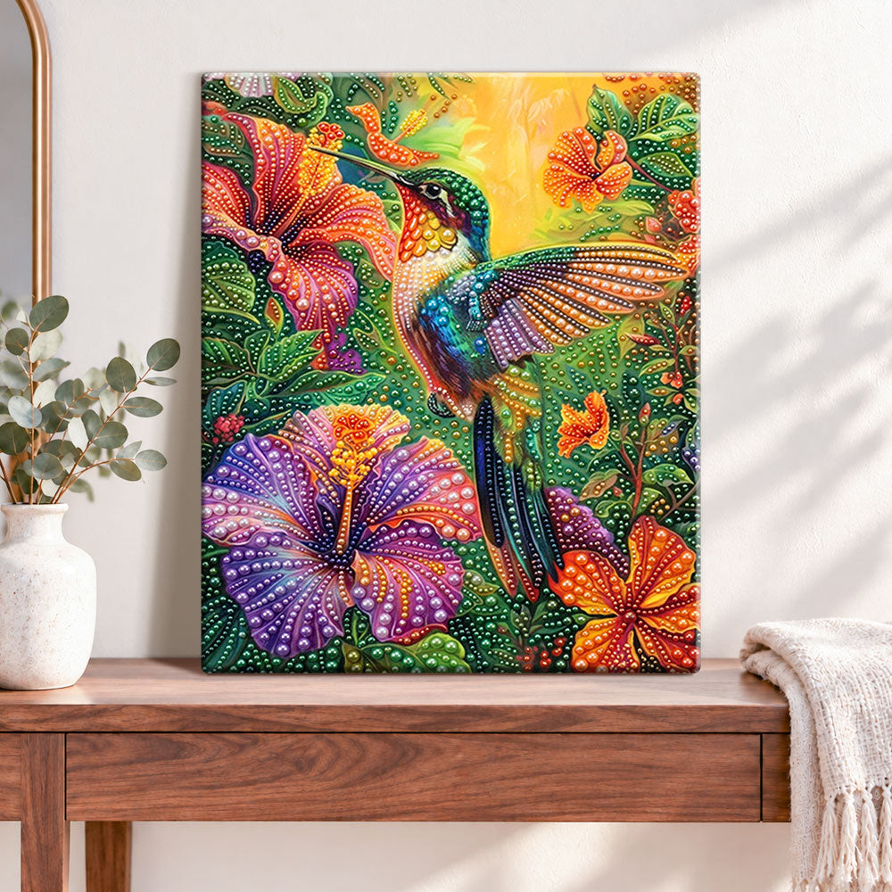 Finished tropical hummingbird pearl diamond painting artwork displayed as home decor