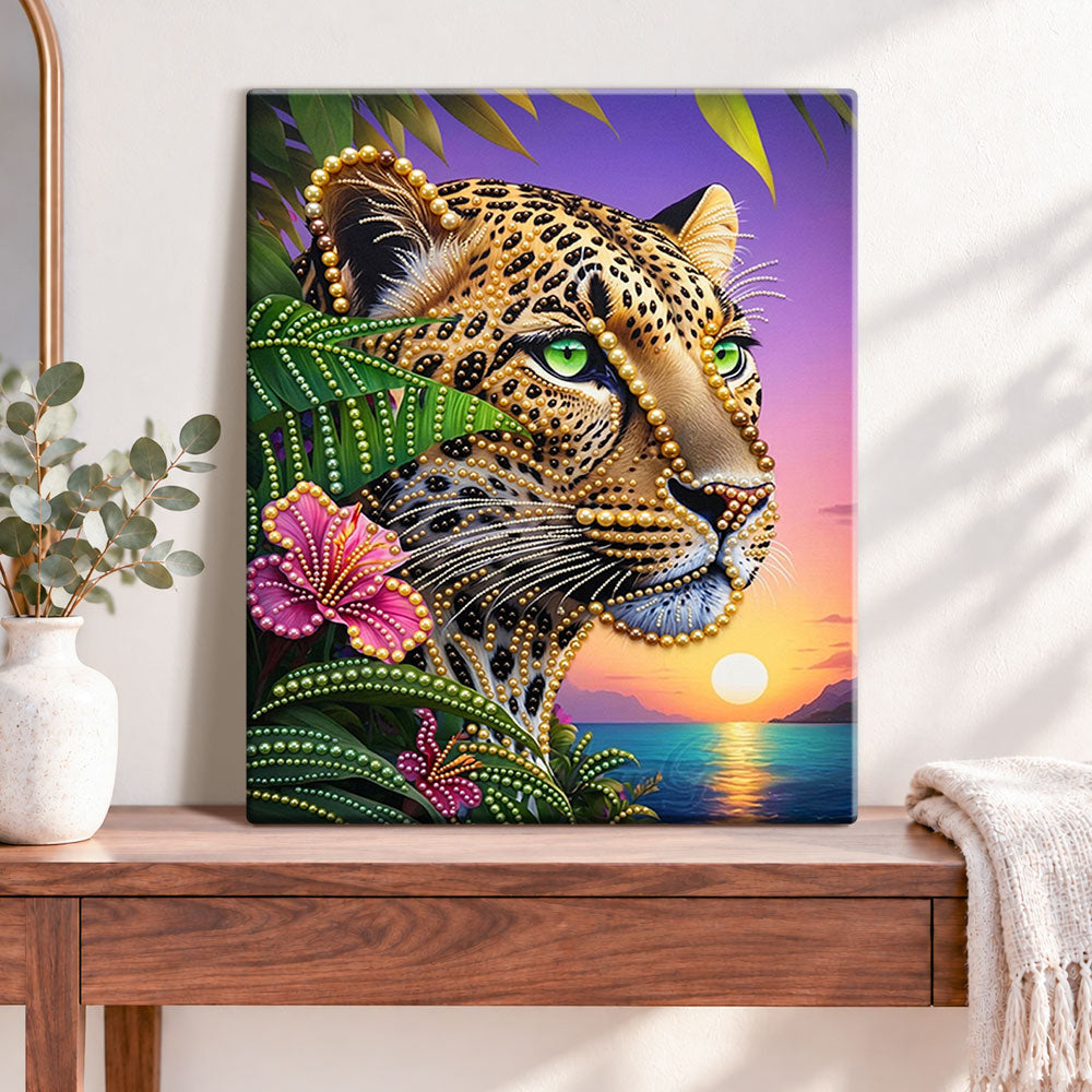 Finished tropical jaguar glow pearl diamond painting artwork displayed as home decor