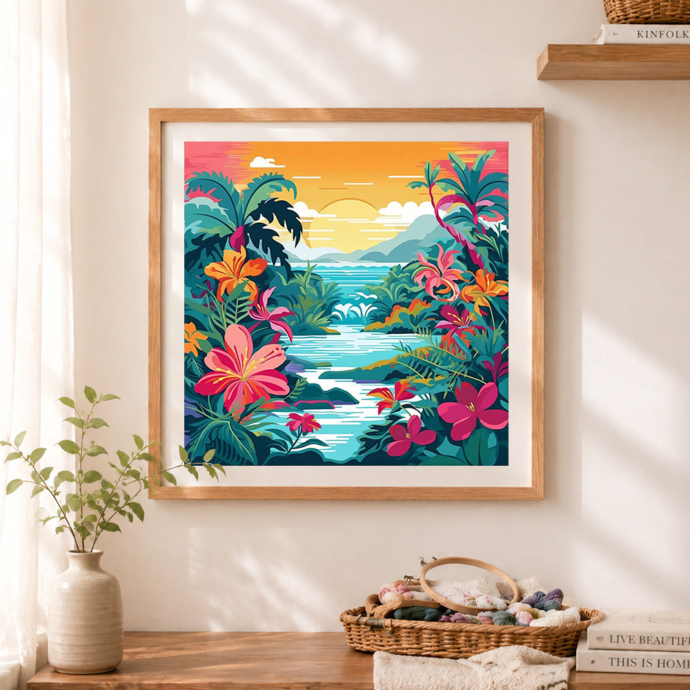 Finished tropical jungle paradise cross stitch artwork displayed as home decor