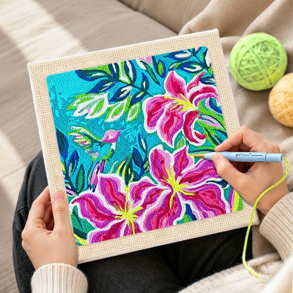 Creating handmade tropical lily flowers and hummingbird punch needle artwork