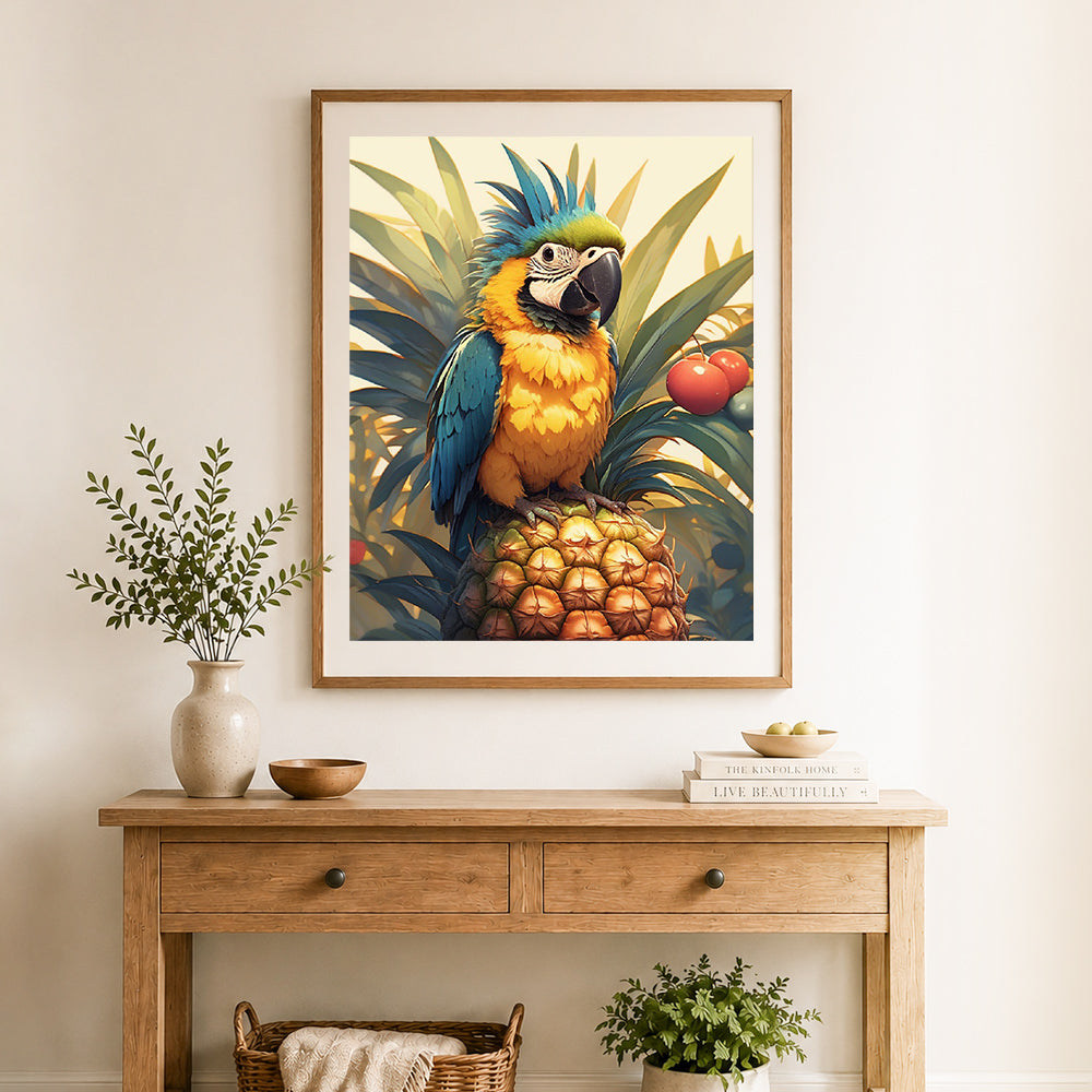 Finished tropical macaw parrot cross stitch artwork displayed as home decor