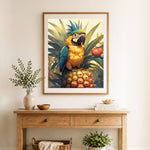 Finished tropical macaw parrot cross stitch artwork displayed as home decor