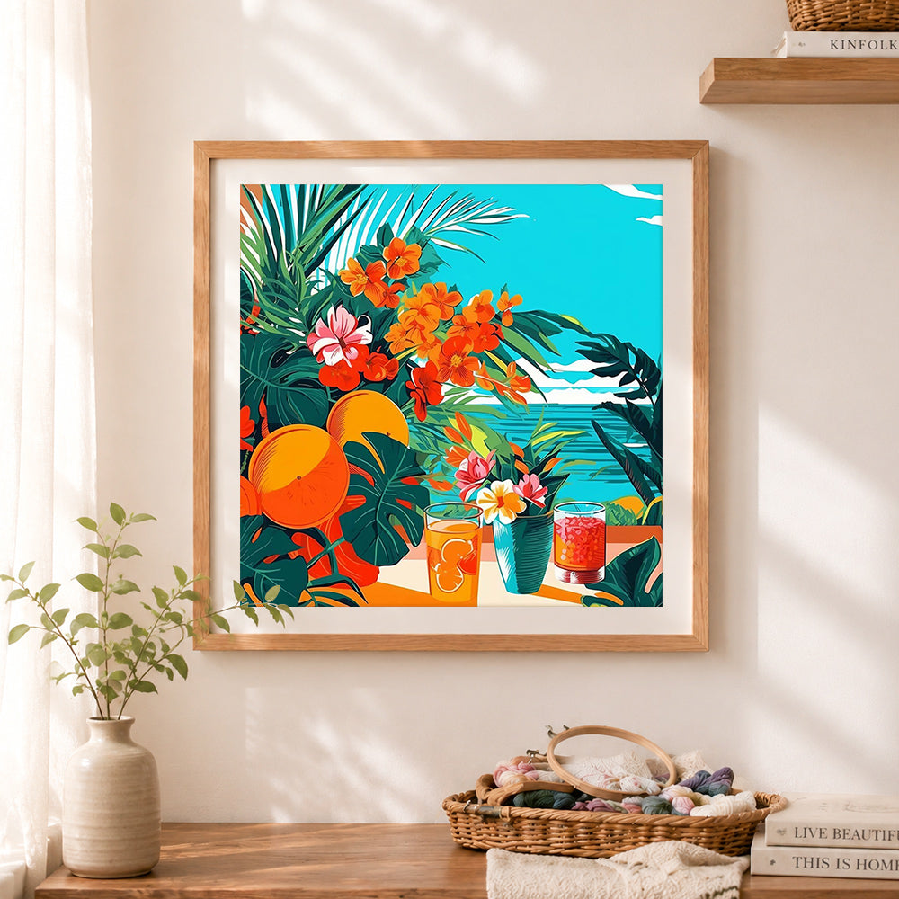 Finished tropical ocean patio scene cross stitch artwork displayed as home decor