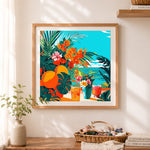 Finished tropical ocean patio scene cross stitch artwork displayed as home decor
