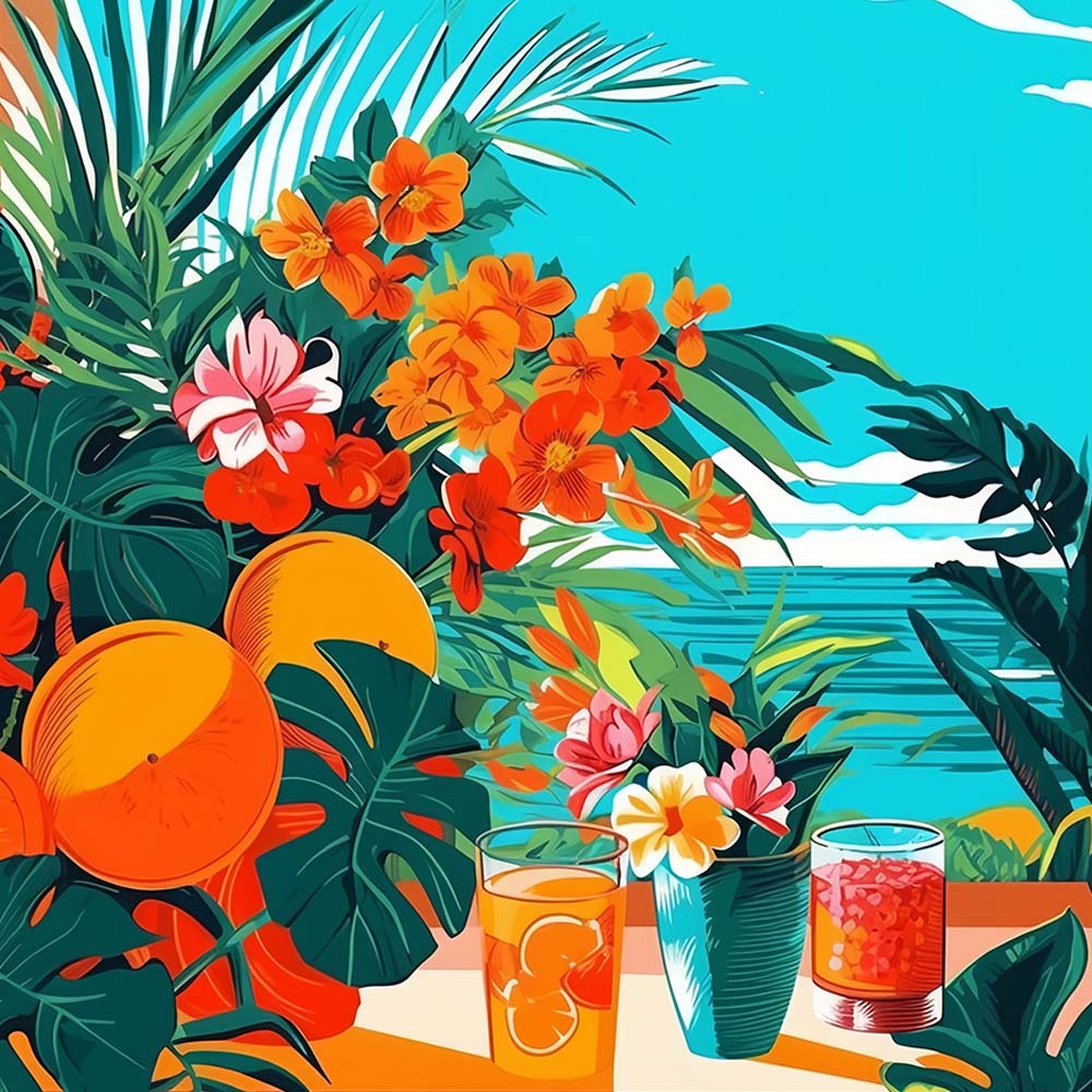 Tropical ocean patio scene cross stitch kit for beginners