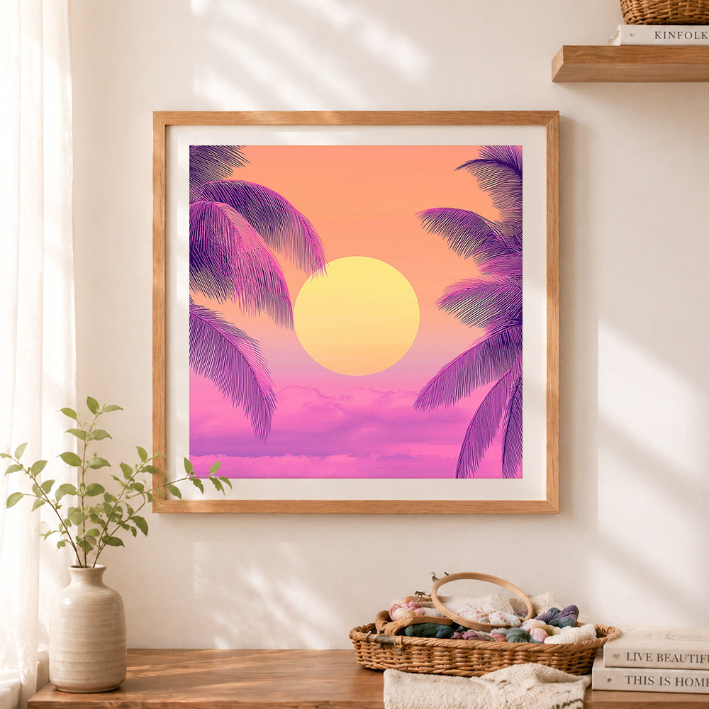 Finished tropical palm sunset cross stitch artwork displayed as home decor