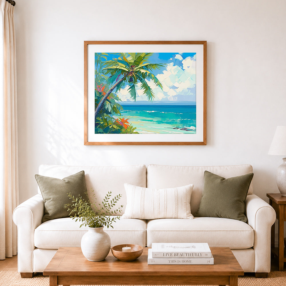 Finished tropical palm tree and ocean view cross stitch artwork displayed as home decor