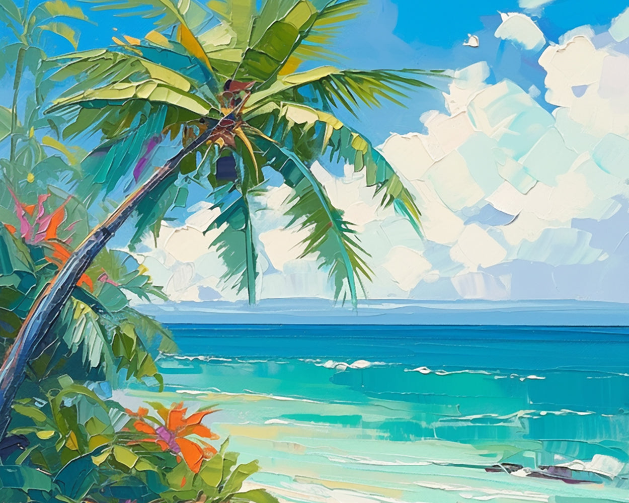 Tropical palm tree and ocean view cross stitch kit for beginners