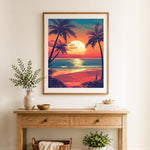 Finished tropical palm tree sunset beach cross stitch artwork displayed as home decor
