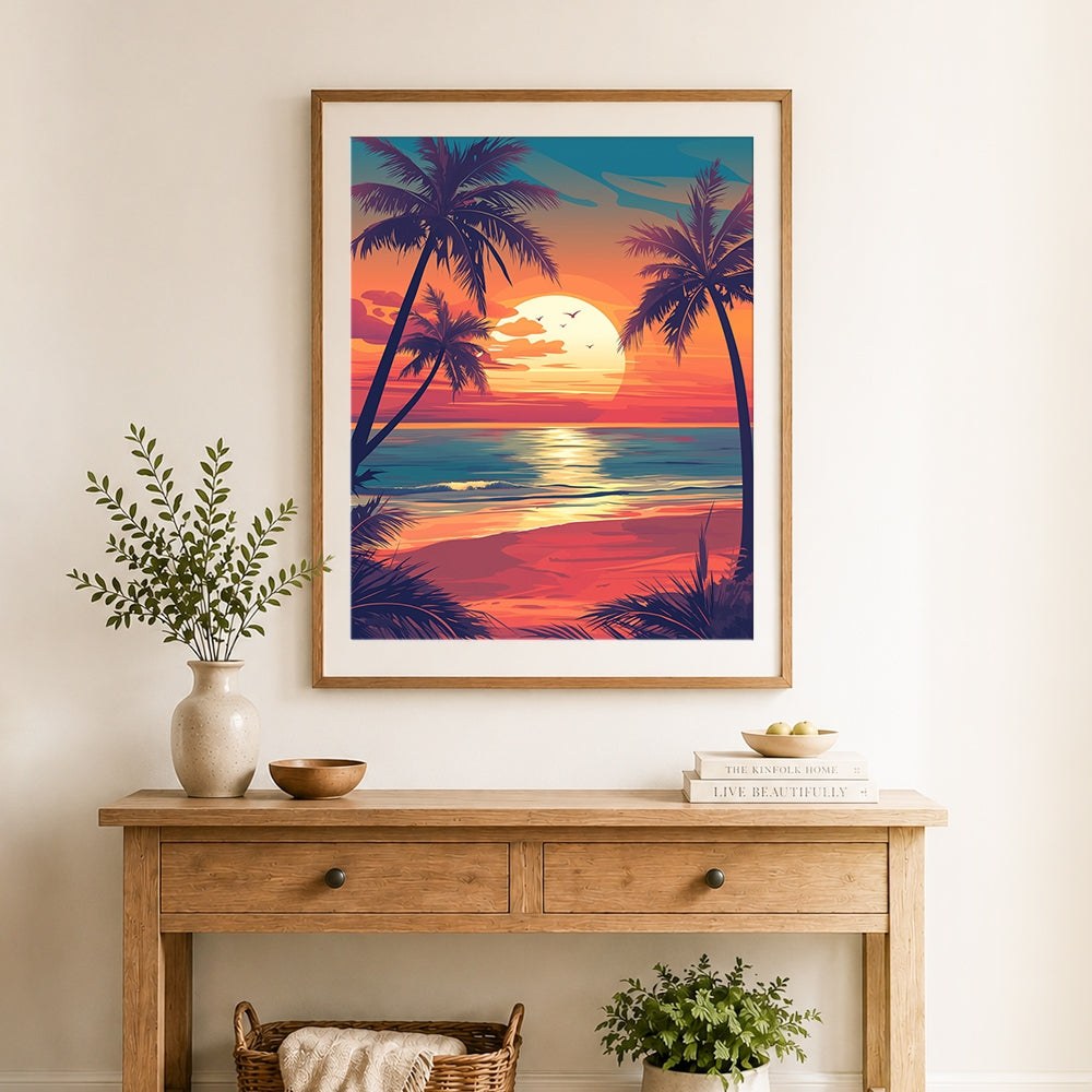 Finished tropical palm tree sunset beach cross stitch artwork displayed as home decor