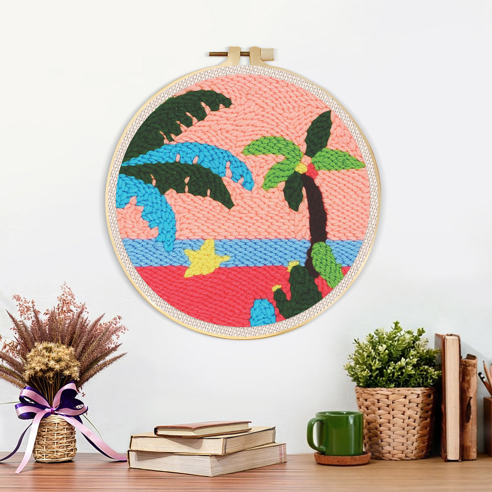 Finished tropical palm tree sunset artwork displayed on a wall