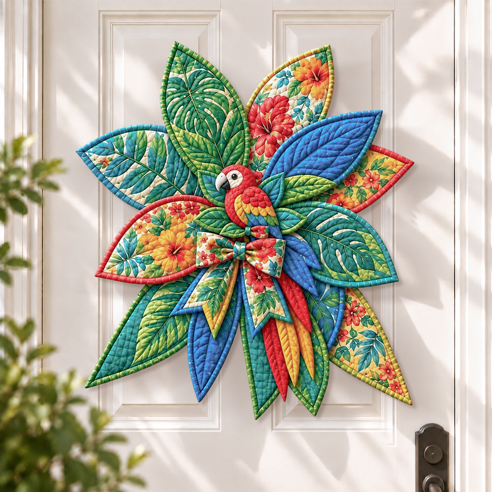 Tropical parrot DIY quilted bow sewing kit finished as a handmade door decoration