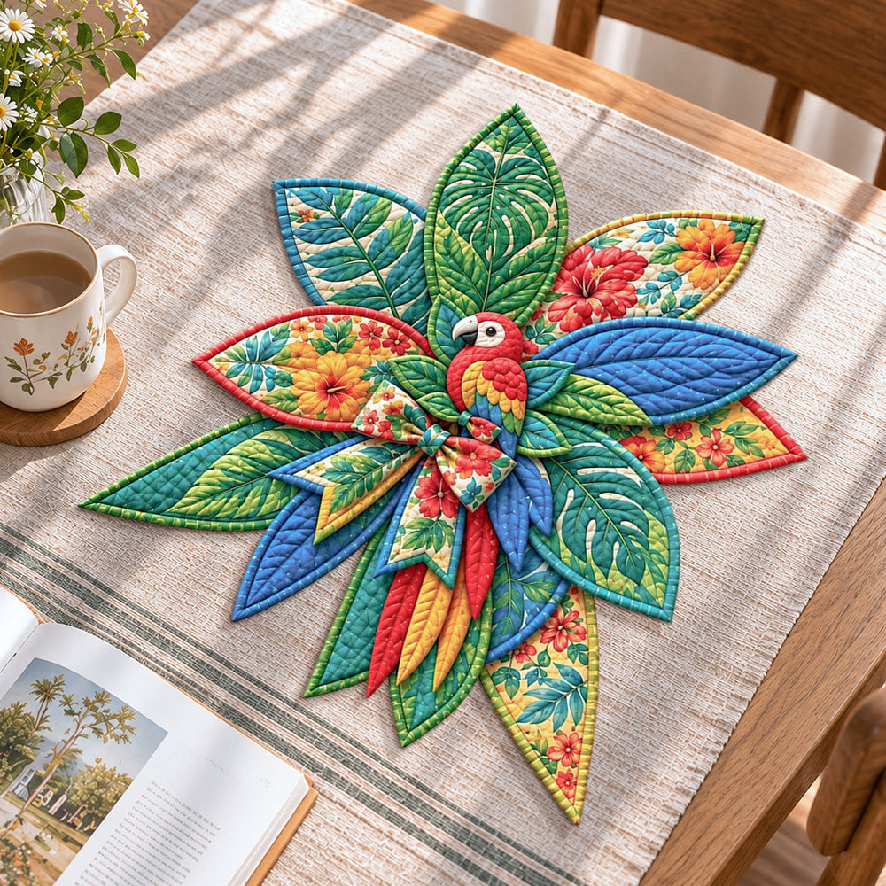 Tropical parrot handmade quilted bow displayed on a table as seasonal home decor