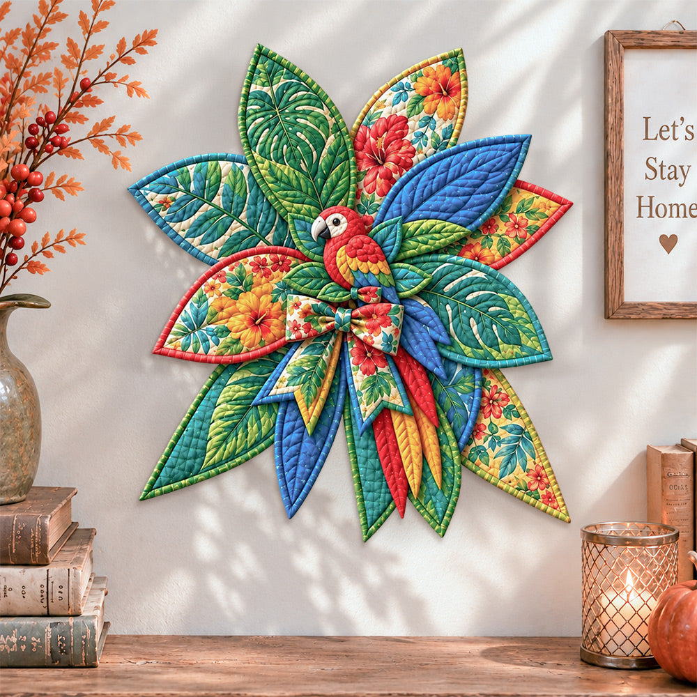 Tropical parrot quilted bow displayed as handmade wall decor in a cozy home