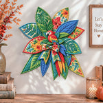 Tropical parrot quilted bow displayed as handmade wall decor in a cozy home
