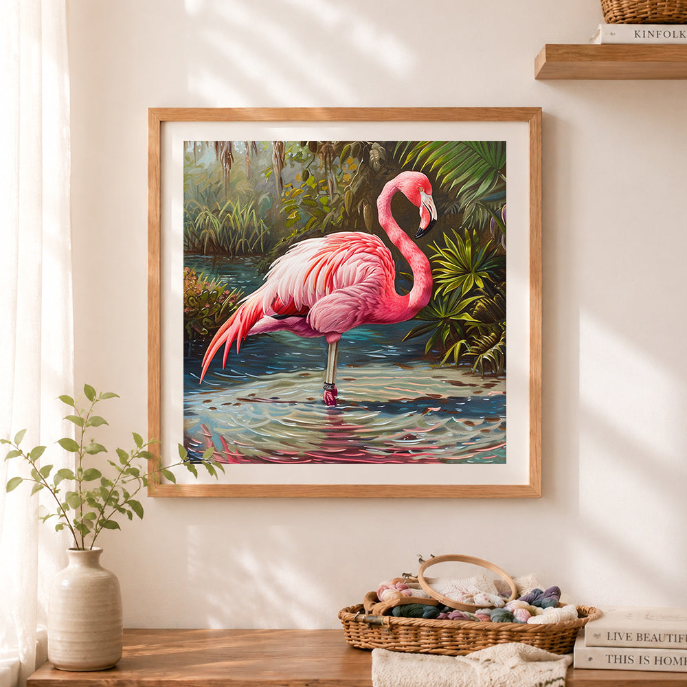 Finished tropical pink flamingo cross stitch artwork displayed as home decor