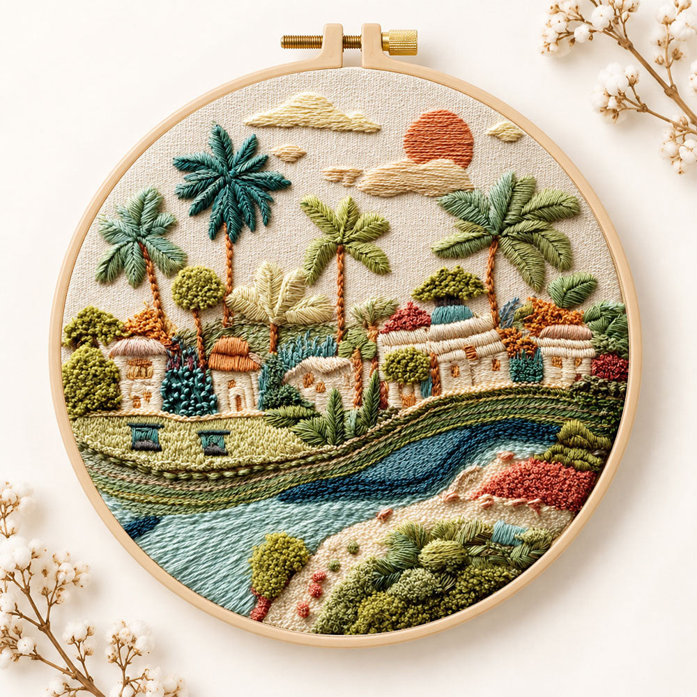 Tropical riverside hamlet embroidery kit