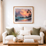 Finished tropical sunset beach cross stitch artwork displayed as home decor
