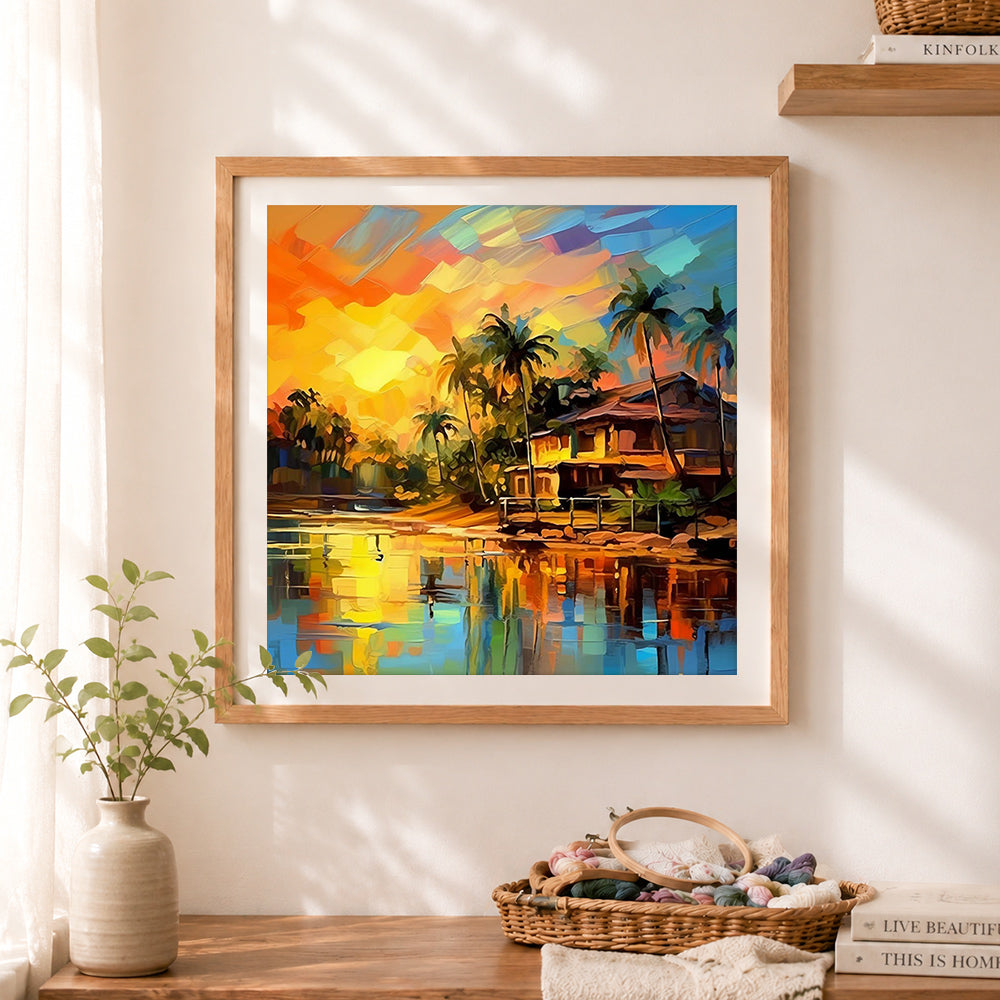 Finished tropical sunset shoreline cross stitch artwork displayed as home decor