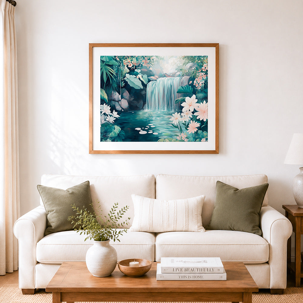 Finished tropical waterfall garden cross stitch artwork displayed as home decor