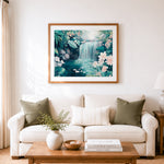 Finished tropical waterfall garden cross stitch artwork displayed as home decor