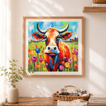 Finished tulip field color cow cross stitch artwork displayed as home decor