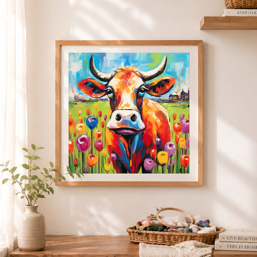 Finished tulip field color cow cross stitch artwork displayed as home decor