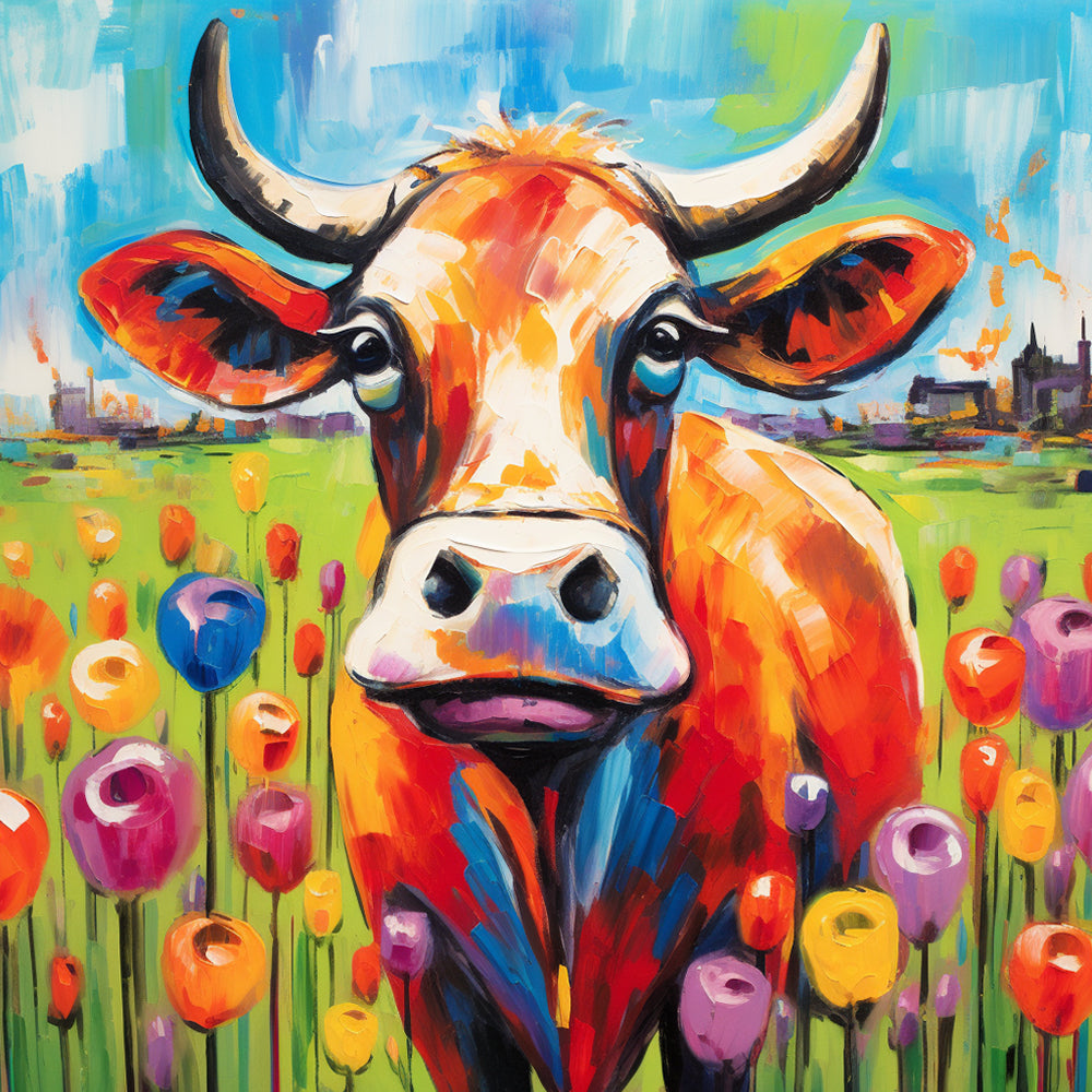 Tulip field color cow cross stitch kit for beginners