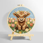 Tulip flower highland cow punch needle kit for beginners